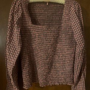 Scotch & Soda Gingham Smocked Cropped Long Sleeve Top